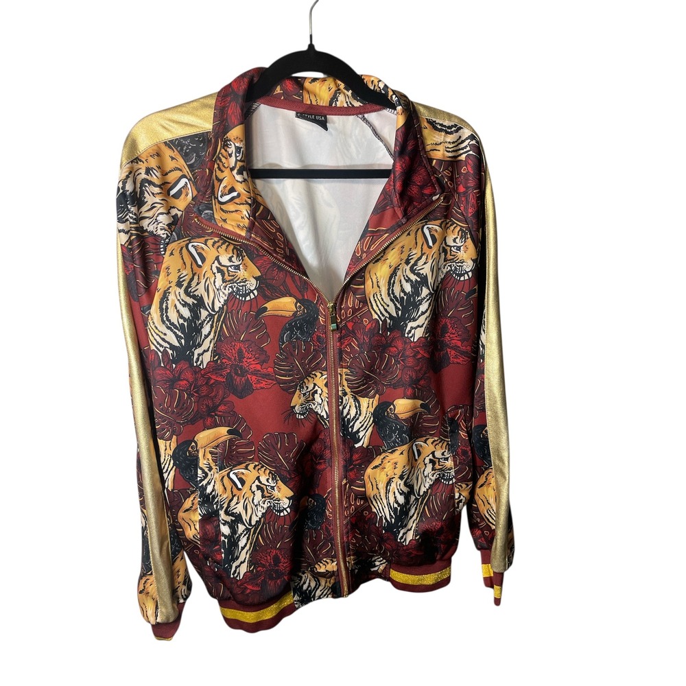 Vintage‎ G Unit Tiger Print Track Jacket Gold Stripe Burgundy Red Animal Print